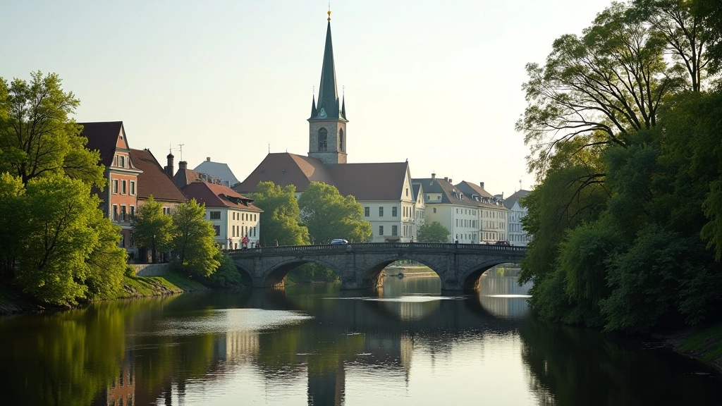 Šilutės miesto panorama su bažnyčia, upės tiltu ir medžiais